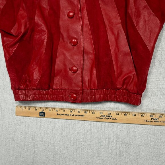Vintage 80s Red Leather Suede Panel Jacket Batwing Button Front Bomber Size 36 - Picture 13 of 14